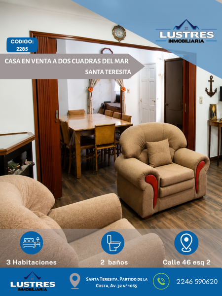 Casa en Venta Santa Teresita | 3 Dormitorios | 2 Baños | Garage Doble | A 2 Cuadras del Mar