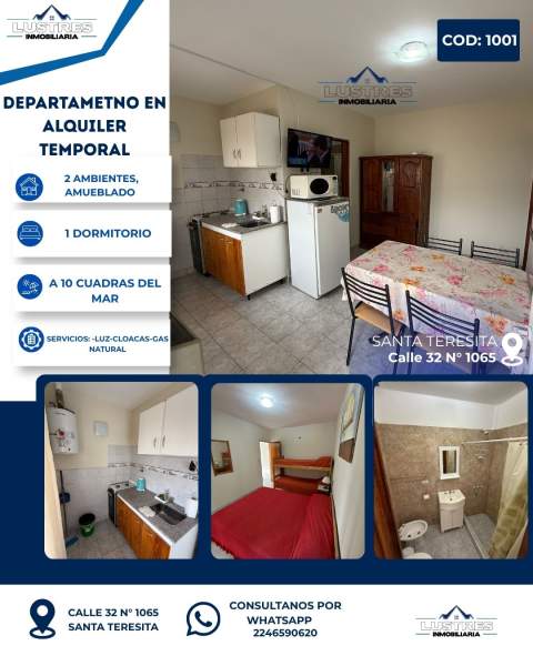 ALQUILER TEMPORARIO, DEPARTAMENTO 2 AMBIENTES - 1